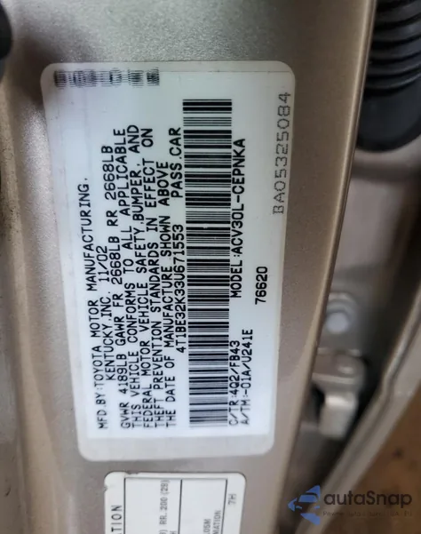 2003 Toyota Camry Le из США, поврежденный, VIN 4T1BE32K33U671553